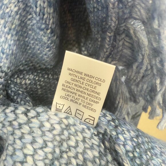 Badgley mischka Blue black Jacquard knit Shawl Belted Fringe long cardigan L NWT - Picture 10 of 12